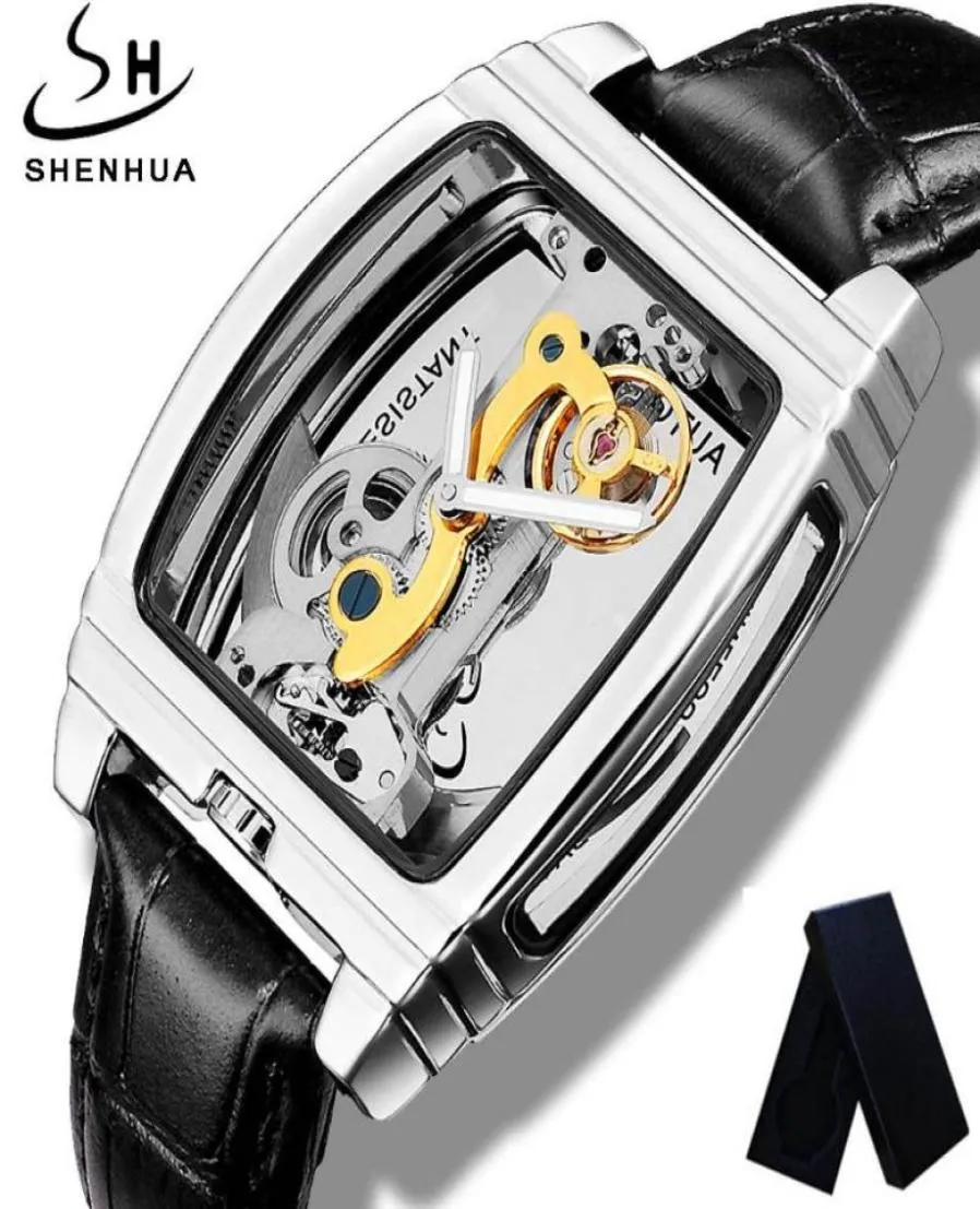 Montre-bracelets marques uniques Shenhua Transparent Troubillon Dial Geat en cuir Veille de cuir automatique Clock mécanique Relogie Masculi1297861