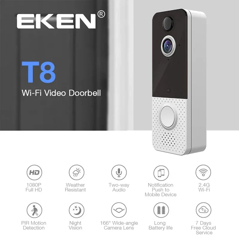 Video inalámbrico Eken T8 Eken t8 Dámina 1080p Visual Intercom Vision IP67 Visión nocturna impermeable Pir Security Wifi Video Hoterbell