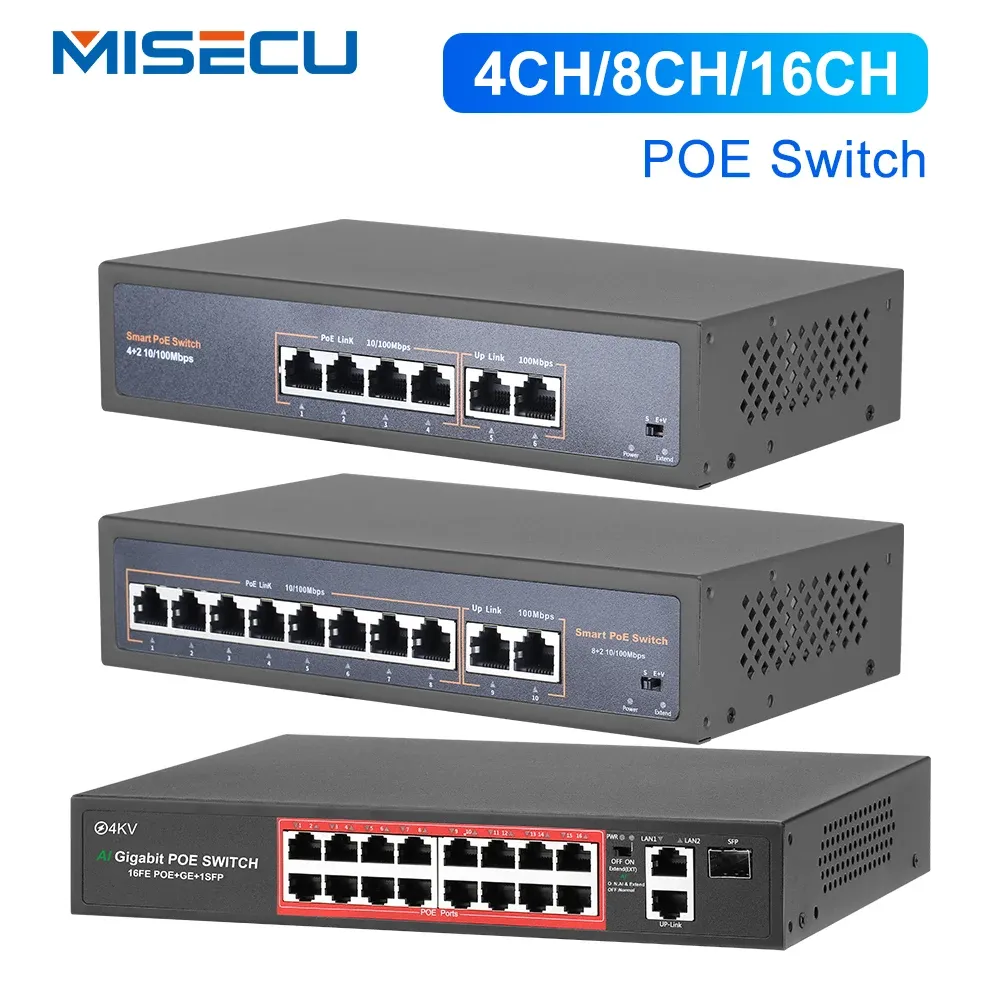 Interphone MISECU 48V 4/8/16 PORTS POE Switch pour la caméra IP Ethernet 10/100 Mbps IEEE802.3 AF / AT pour la caméra IP / Système de caméra de sécurité CCTV