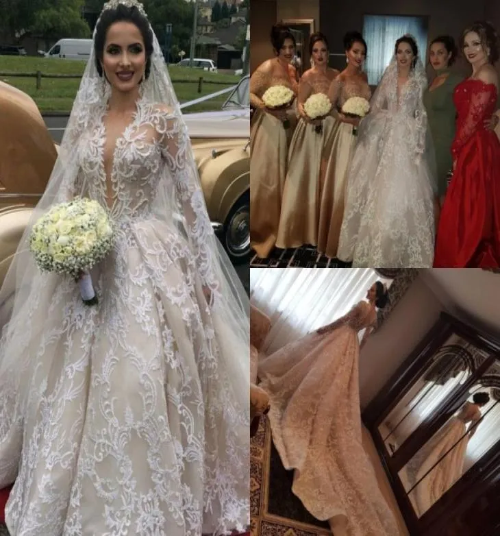 Long Sleeves Deep V Neck Lace Ball Gown Wedding Dresses With Veils Applique Beads Beach Wedding Dress Sweep Train Cheap Brida2680591