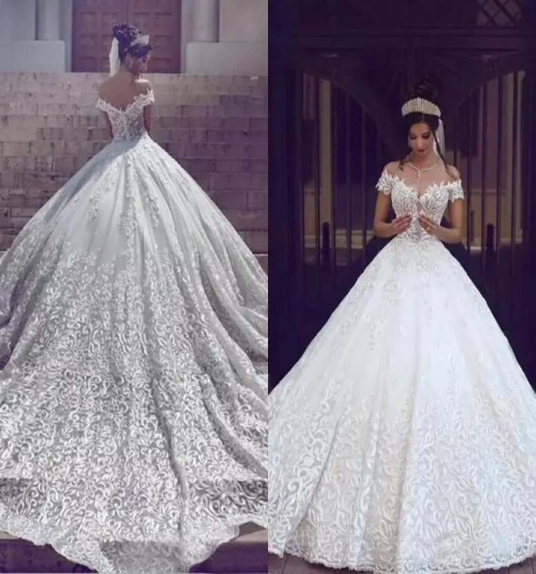 Underbara 2019 Special Lace Ball Gown Wedding Dresses Princess Off The Shoulder Puffy Chapel Train Bridal Gowns Luxury Custom Made 6059091