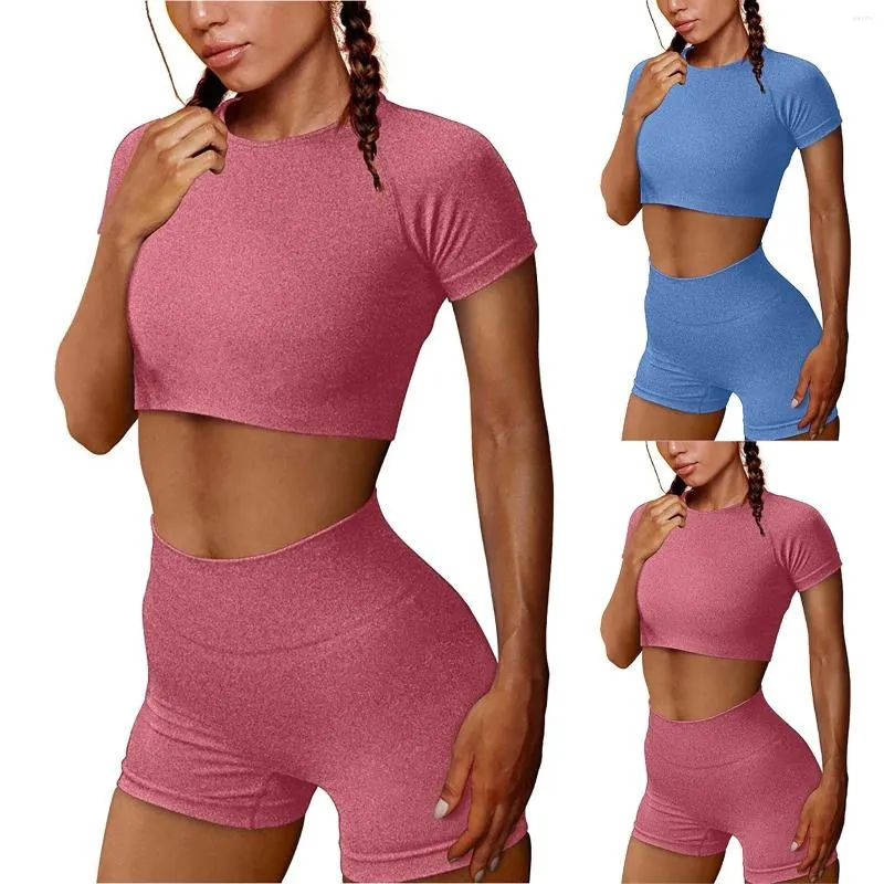 Active Sets Women's Seamless Yoga Outfits Fashion 2 Piece Set Workout Gym Shorts Short Sleeve Crop Top High-Waisted Sports Se