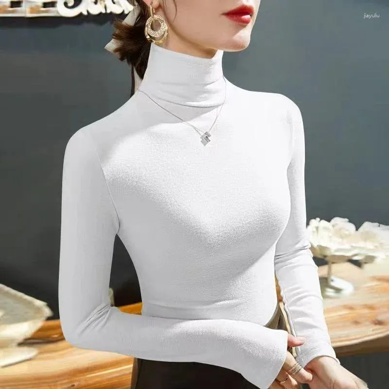 Women's T Shirts 2024 Fashion Autumn Winter Kvinnlig Turtleneck Fleece Stretch Shirt Women Långärm T-shirt Varm Basic Pullover Bottoming