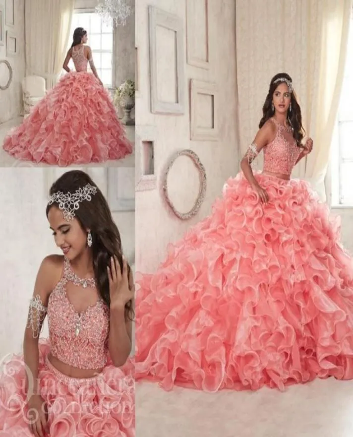 Affascinante gonna a tracolla Due pezzi Coral Quinceanera Abiti Sweet 16 pizzo Organza di pizzo Plus Masquerade Sheer Prom Wasture Dress3251316