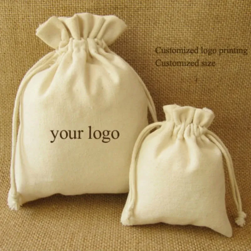 Other 50pcs Canvas Drawstring Bag Jewelry Packaging Cotton Pouch Cosmetic Gift Wedding Party Shoe Reusable Sachet Custom Print