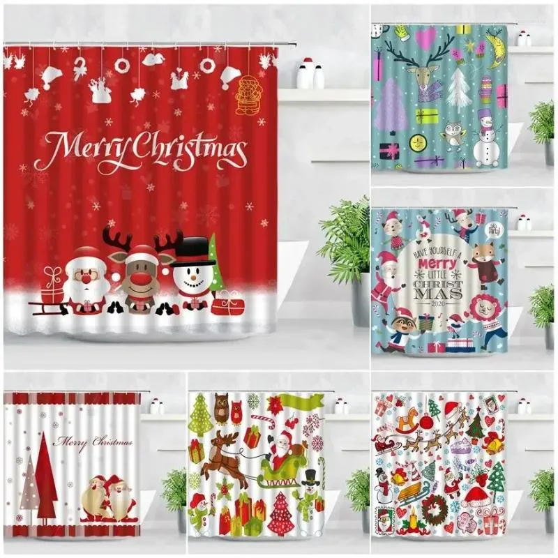 Shower Curtains Red Christmas Fun Cartoon Santa Claus Reindeer Snowman Children Bathroom Curtain Set With Hooks Cloth Home Decor