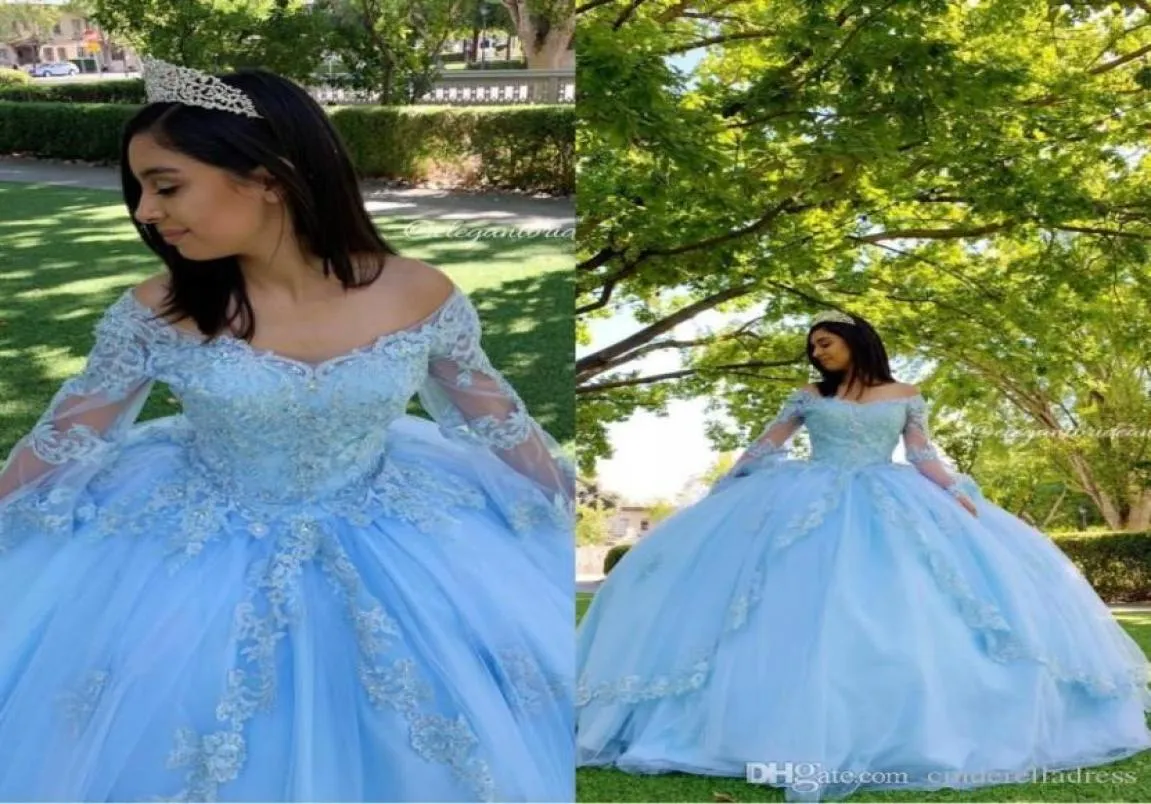 Splendido abito da ballo in pizzo blu cielo abiti da ballo quinceanera in rilievo dalla spalla a maniche lunghe di tulle da sera dolce 16 dre9387674