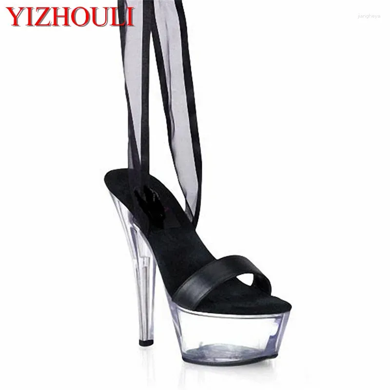 Dance Shoes 15cm Thin Sole Black Strappy Slippers 6 Inch Sexy High Heels Clear Crystal Women Summer