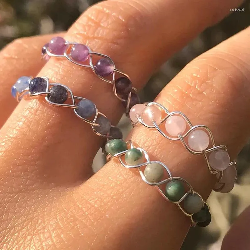 Pierścienie klastrowe modowy cyfr miedziany Kamień kryształowy dla kobiet naturalny kamień leczniczy regulowany biżuteria na palce
