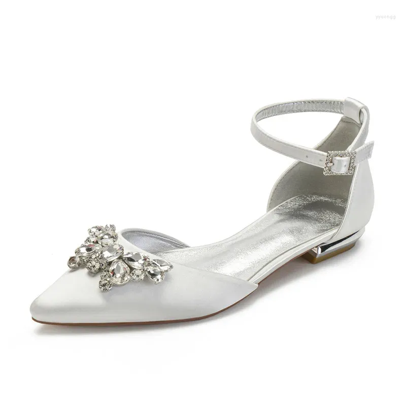 Casual Shoes Rhinestones Wedding Flats For Bride Pointed Toe Ankle Buckle Strap Satin Formal Prom Evening Party Dress Flat