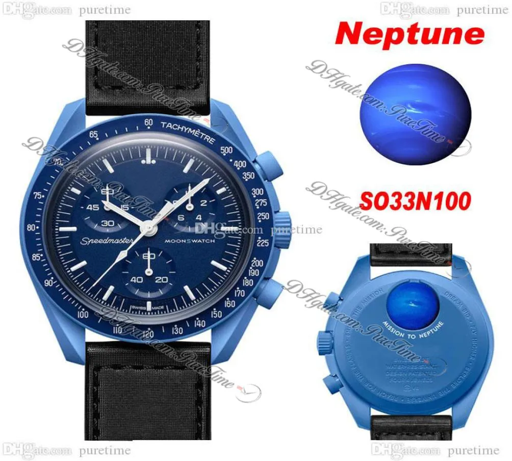 Bioceramic Moon Swiss Quqrtz Chronograph Mens Watch SO33N100 Mission à Neptune 42mm Nylon noir en céramique bleu marine avec boîte Super Edition Puretime E59512229