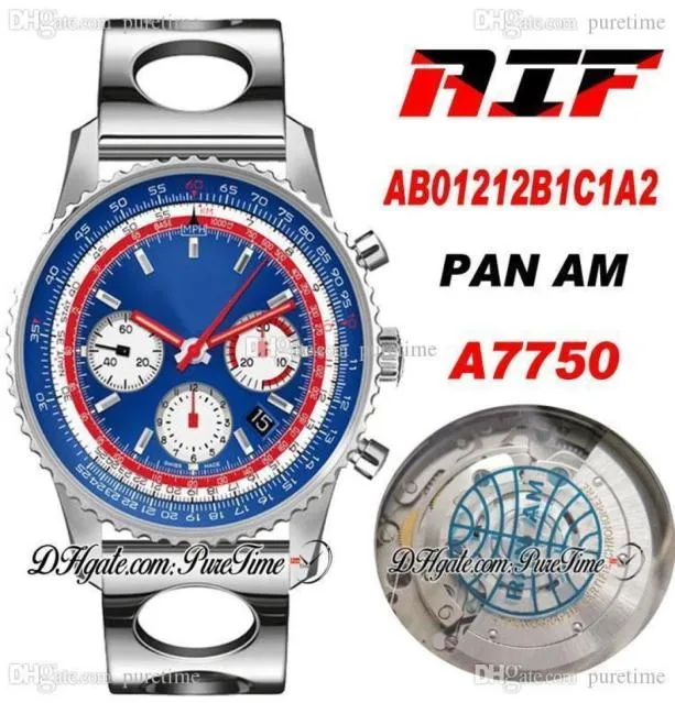 AIF B01 Chronograph 43 SWISSAIR A7750 Automatyczne męskie zegarek AB01212B1C1A2 Niebieski biały otwór do otworu stali Bransoletka PTBL PUR1819994