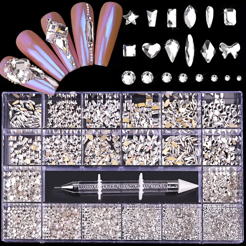 Decorations 21 Grids White Nail Art Rhinestones Set 3100pcs Big Irregular Ornaments Gem Flatback Manicure Decoration Accessories Dotting Pen