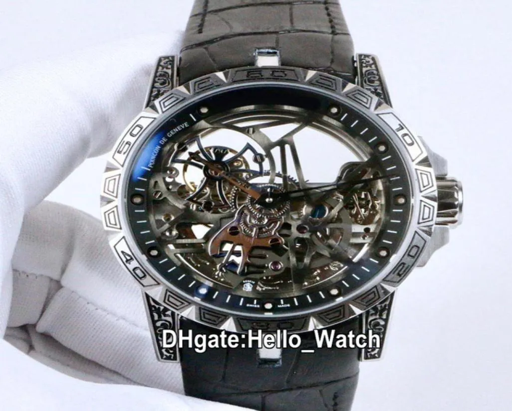 New Excalibur 46 10 O039Clock Tourbillon RDDBEX0479 Автоматические мужские мужские часы стальной стальной винтаж -гравюрный корпус скелетный набор кожа STR3767606