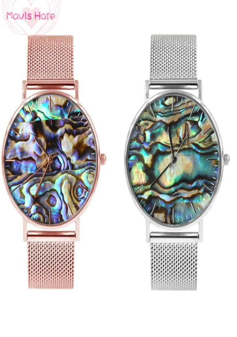 Mavis Hare Ocean Series Real Abalone Shell Mesh horloges Dames polshorloges met roestvrijstalen mesh armband 3 atm waterdicht 2017701214