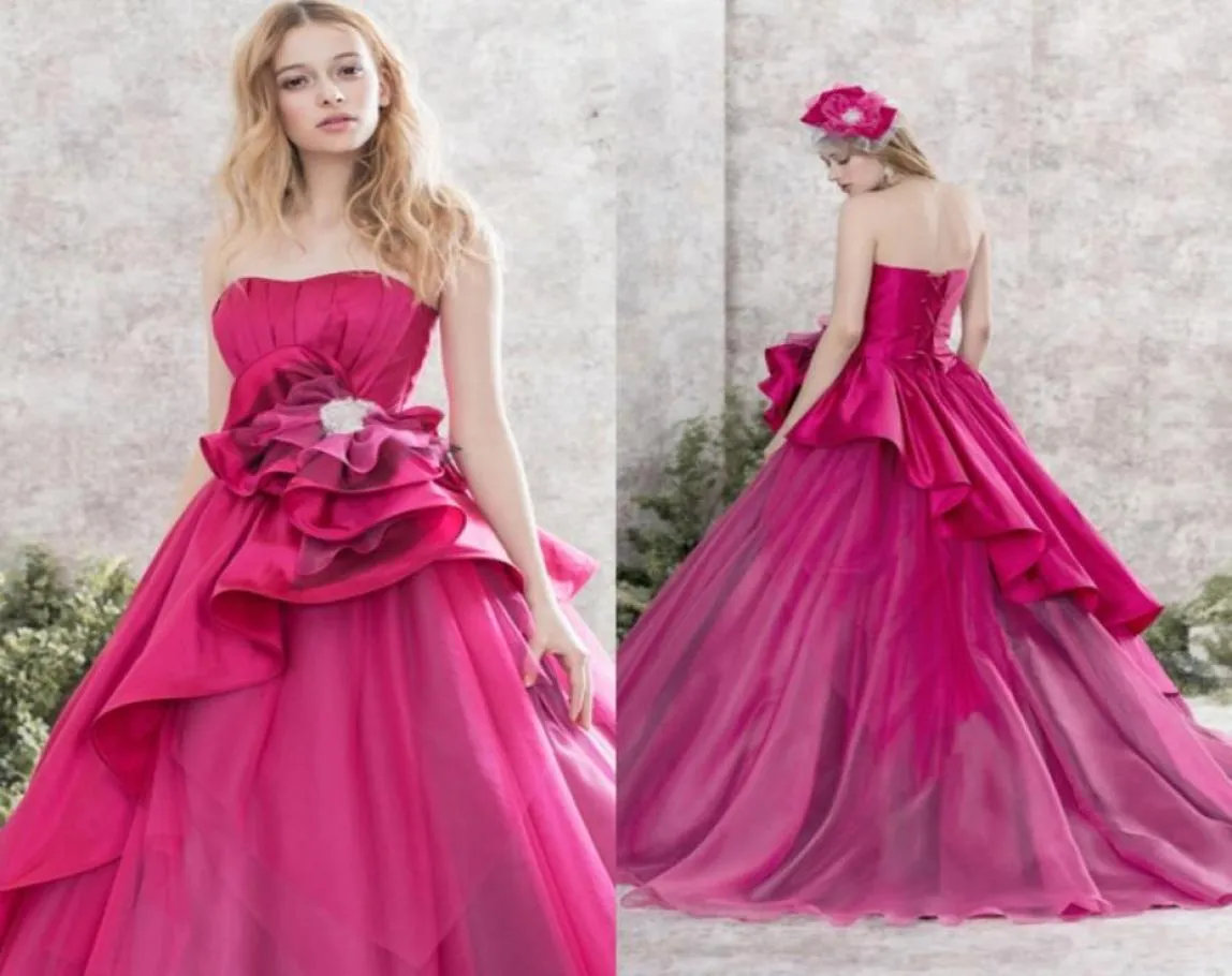 Gorgeous Fushia Tiered Ruffles Prom Dresses 2017 Crystals Beaded Strapless Lace Up Evening Gowns Floor Length Arabic Formal Wear1025271