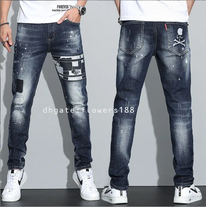 Men's Jeans Trendy Jeans Men's Slim Fit Pencil Pants Cotton High End Embroidery Worn Hole Pants Men Jeans Womens Designer Dress Jeans Womens High Waisted Skinny