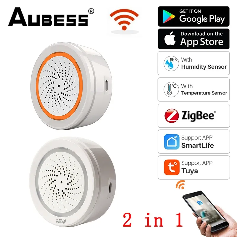 Siren 2 i 1 Tuya Smart Zigbee WiFi Siren Alarm Temperatur Fuktighet Sensor 90dB Ljudljus Hemsäkerhetslarm fungerar Zigbee Gateway