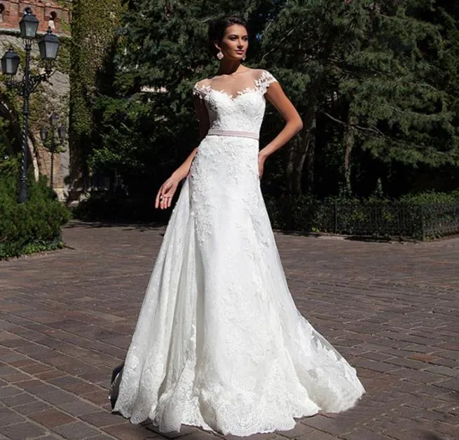 Schaufel Ausschnitt Applikation auf Blick durch Spitze und Tüllscheide Hochzeitskleid Illusion Rücken mit rosa Schärpe Brautkleid Vestidos Boda9245747