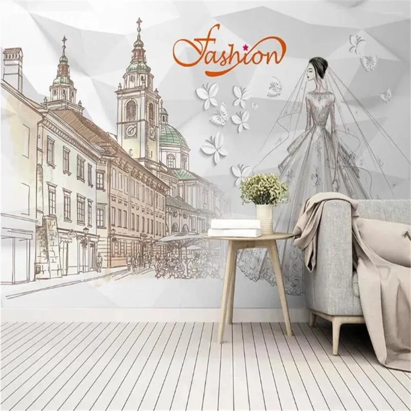 Wallpapers Milofi Fashion Wedding European City Hand Painted Background Wall Painting Wallpaper