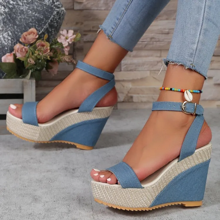 Women Ankle Buckle Wedges Sandals for Woman Summer Denim Sandal Comfortable Thick Sole Waterproof Platform Shoes Mujer Plus Size 35-42 12 Colors Choose