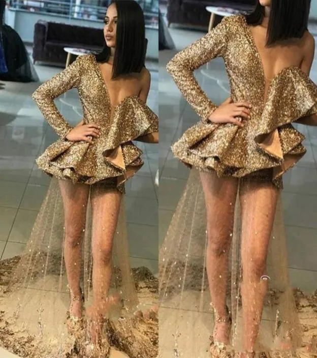 Sexy Gold One ramię 2020 Sukienki balowe Peplum cekinowe cekiny iluzory