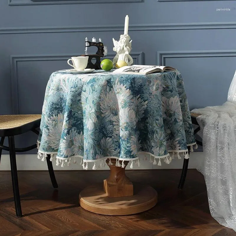 Table Cloth Flowers Beige Tassel Tablecloth Home Jacquard Cover Round Cofee Decor American Blue Oil Painting