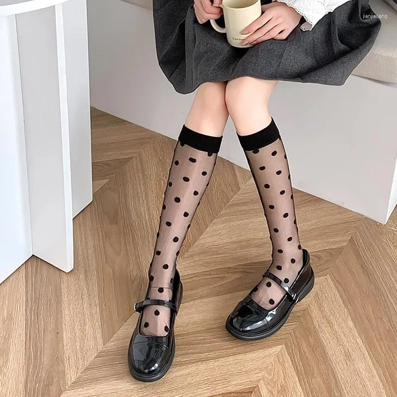 Vrouwen sokken zomer lange sok nylon ultradunne polka dot hoge kousen transparante lolita solide kleur doorzien door