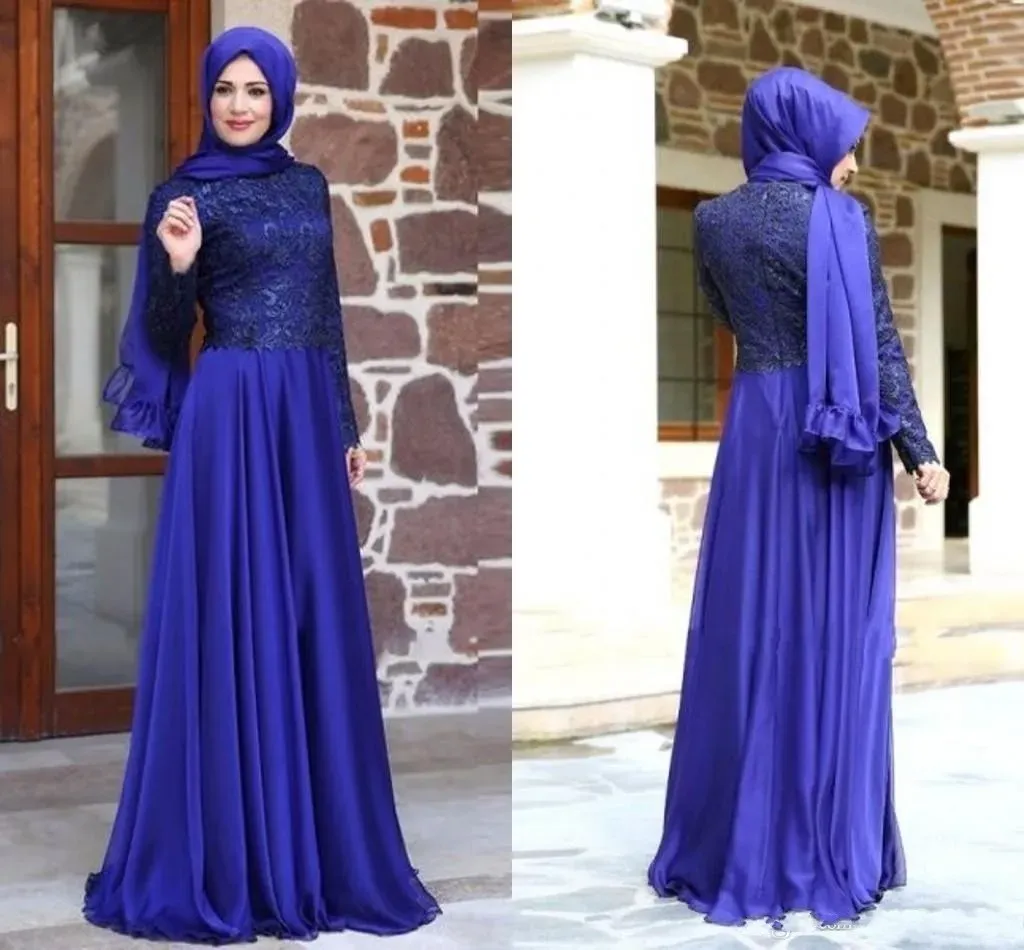 Dresses Chiffon High Neck Floor Length Royal Blue Long Sleeves Modest Evening Dress modeste musulmanes robes de soir e manches