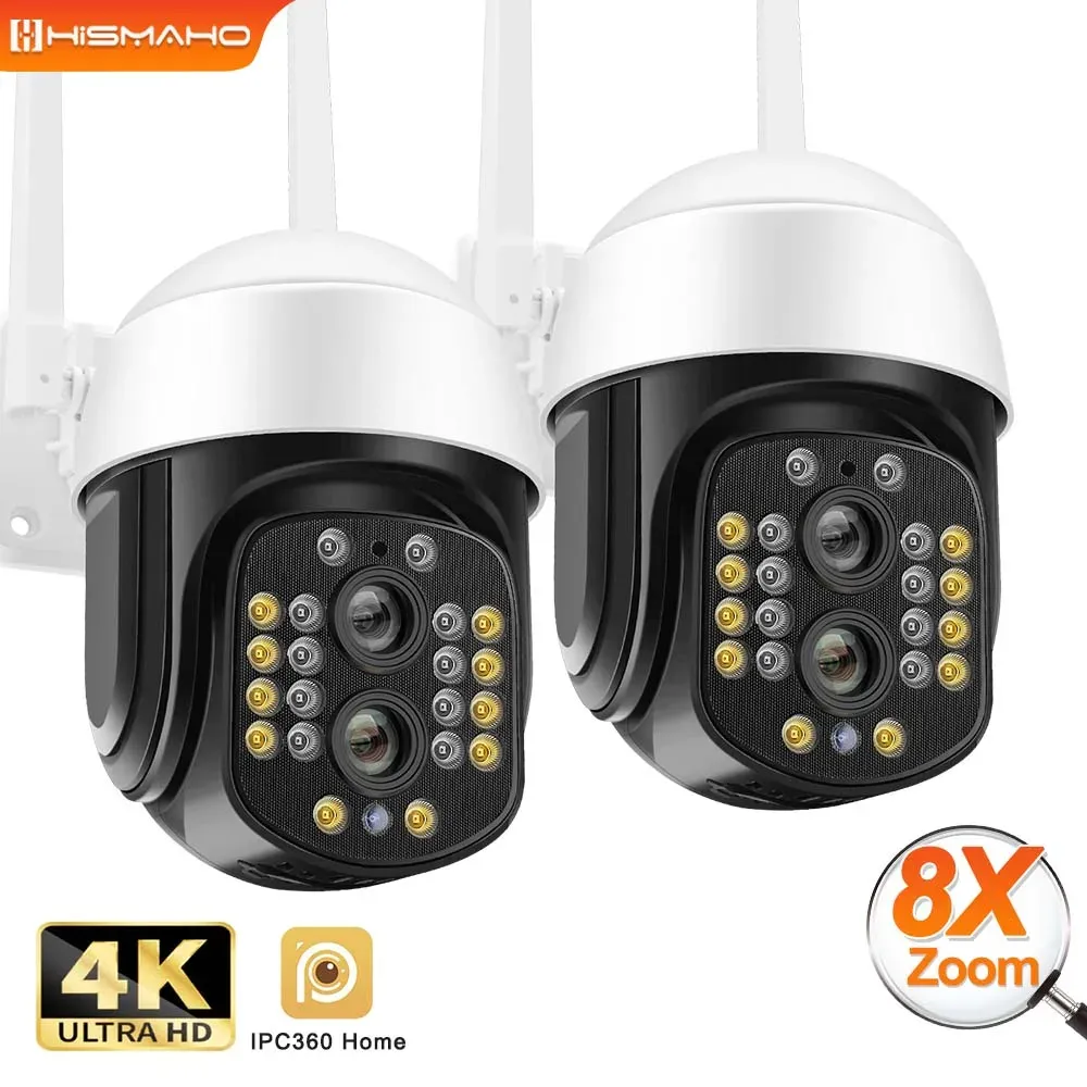 Câmeras 4k 8mp Lente dupla câmera IP Wi -Fi Outdoor 8x Zoom 2K PTZ Proteção de segurança CCTV Video Videoveillance Rastreamento automático