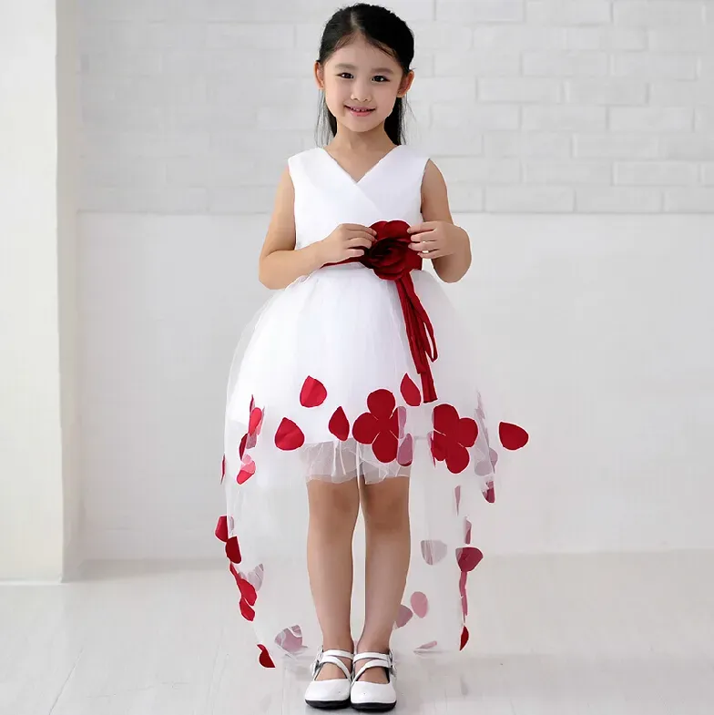 Dresses Good Quality Elegant Ball Gown Asymmetrical VNeck Hilo Flower Girl Dress With Red Sash