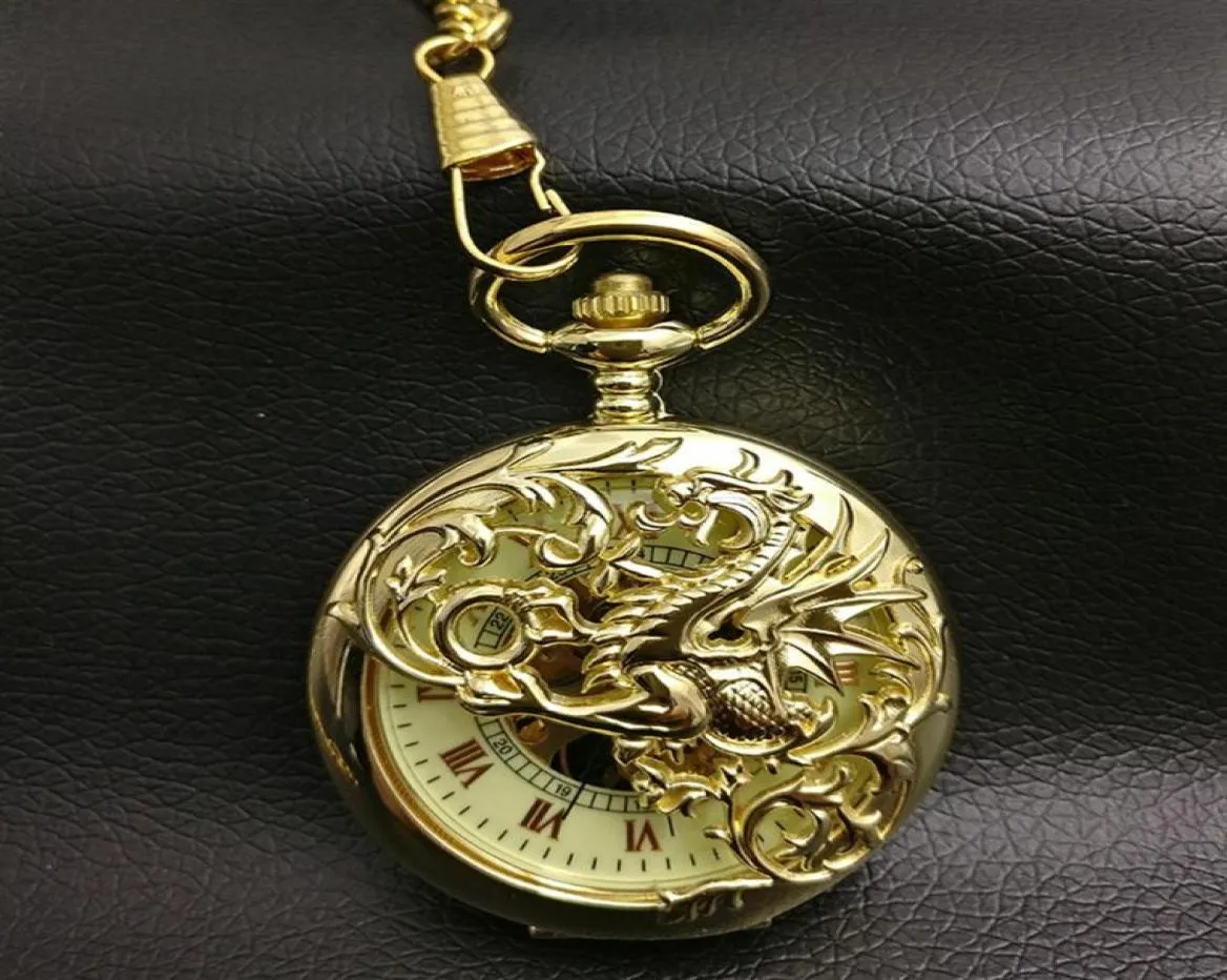 Gold Dragon Mechanical Pocket Watch Men Squelette Steampunk Fob Watches Roman Man Father Gift New Vine Retro Hand Wind299I3820695