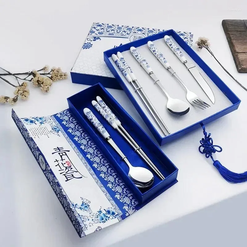 Disposable Flatware 3PC/Set Of Red/Blue/White/Green Porcelain Tableware Stainless Steel Chopsticks Spoon Fork Gift Box Portable Travel Set