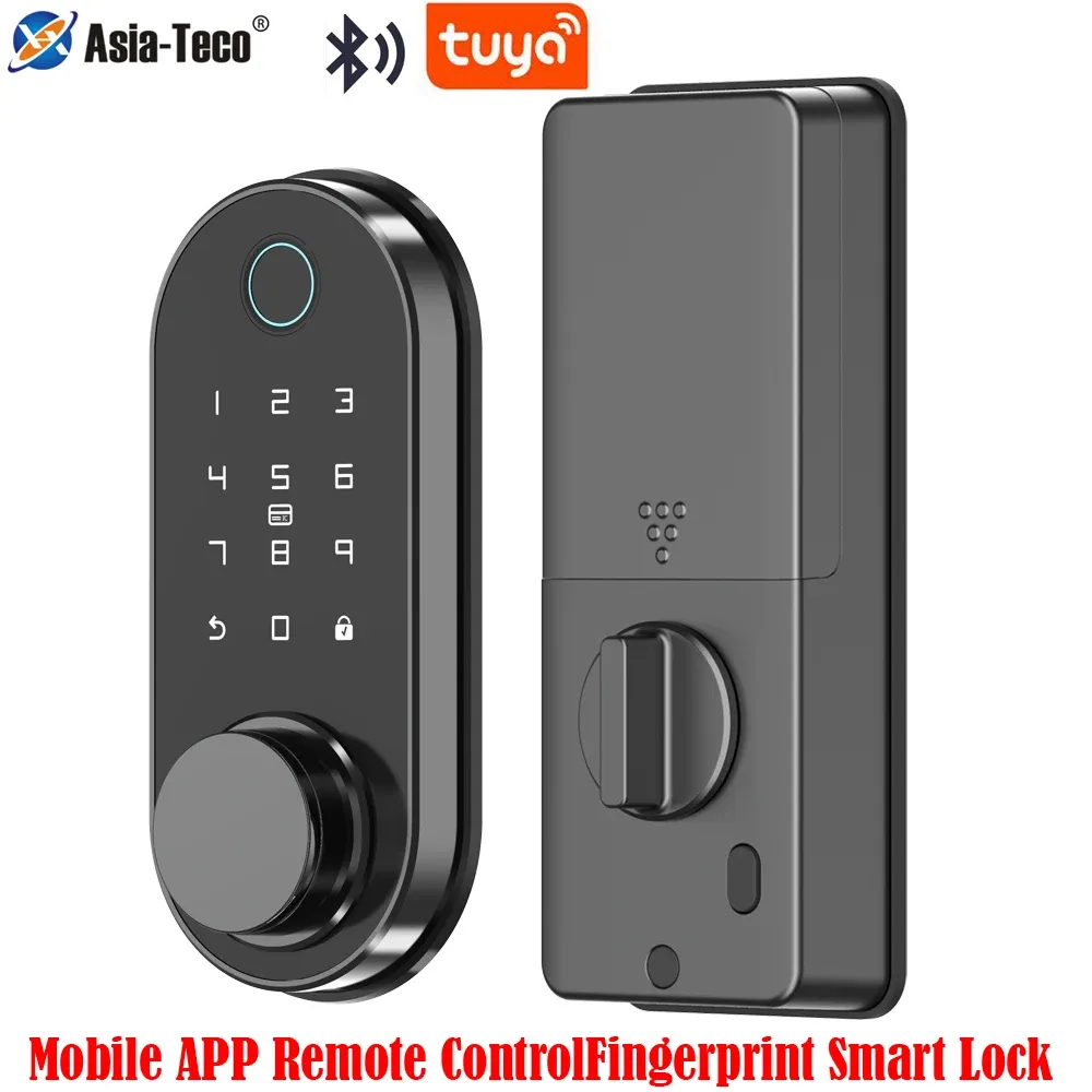 Lås trädörrlås Tuya Smart Lösenord Fingeravtryck Bluetooth Electronic Door Lock Mechanical Nyckel Auto Lock Mobile App