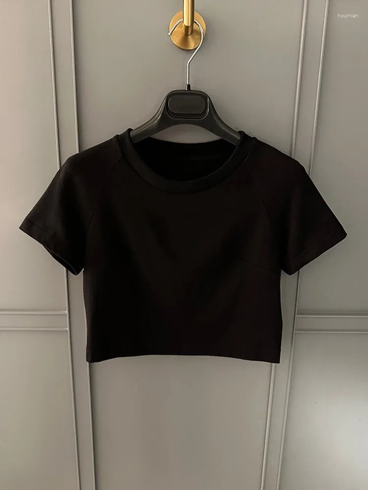 Kvinnors T-skjortor Pure Cotton Black Crop T-shirt för kvinnor Högkvalitativ fast färg Kort topp 2024 O-hals Applique Super Short Tee Lady