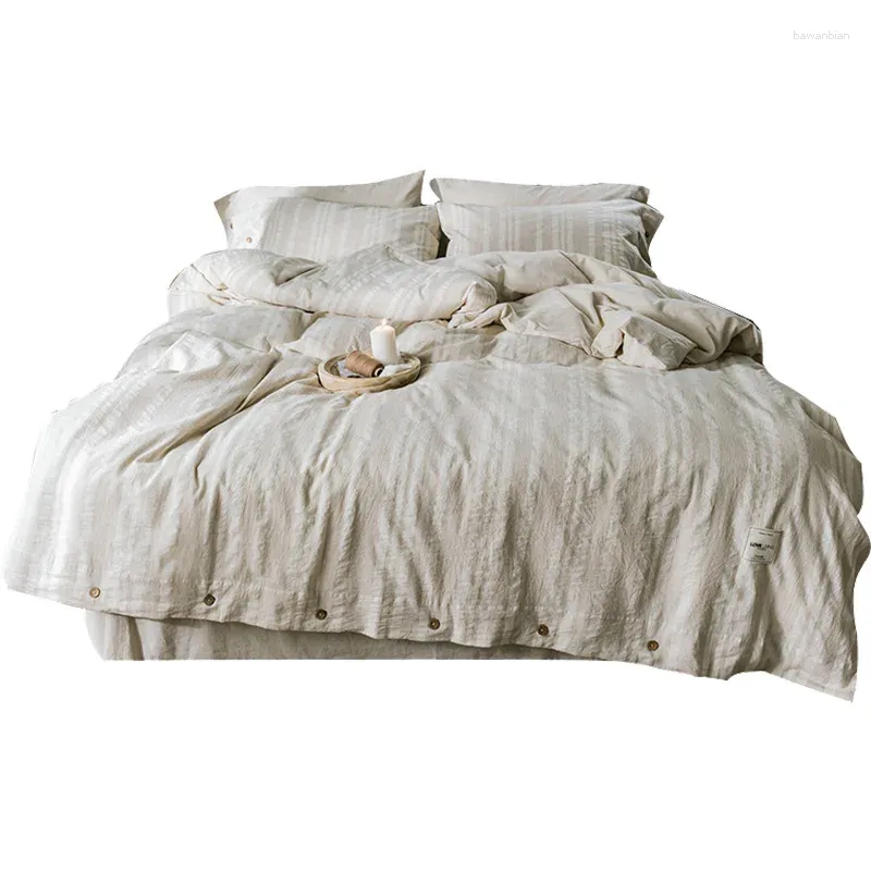 Sängkläder set ramie linne bomull blandade fyrdelar massiv färg randig lakan (15% 20% 65% bomull) säng euro