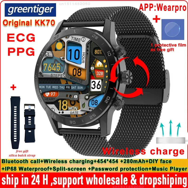 RELISÕES ORIGINAL KK70 PPG ECG Smart Watch Wireless Charging Bluetooth Call Player Music Player IP68 Senha à prova d'água Smartwatch PK W46 W66