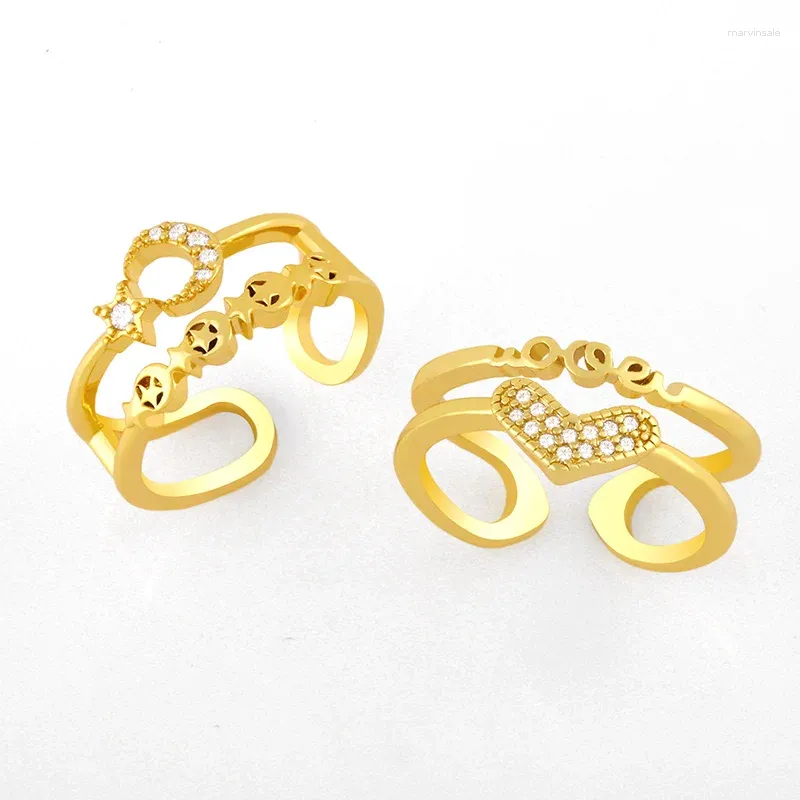 Cluster ringen flola goud vergulde maan en sterren open manchet verstelbare cz pave hart vinger ring stapelbare groothandel sieraden geschenken rigk41