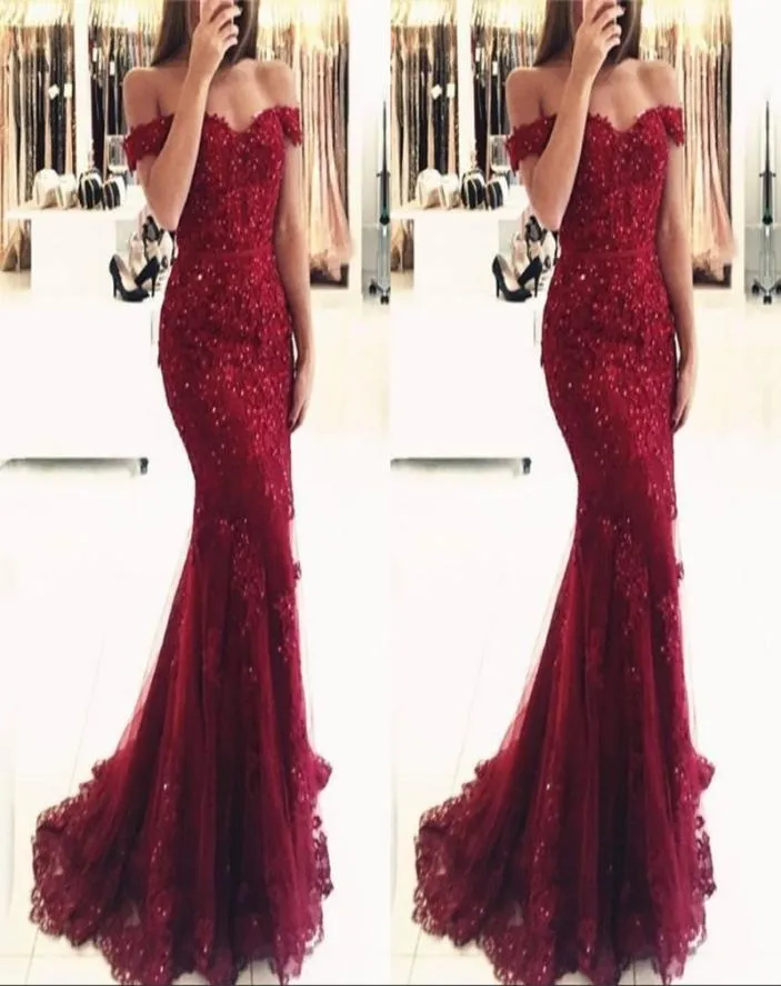 부르고뉴 레이스 인어 아플리케 (Burgundy Lace Mermaid Appiques Off Shoulder Prom Dresses vestido de festa beaded 스팽글 긴 저녁 가운 6229369