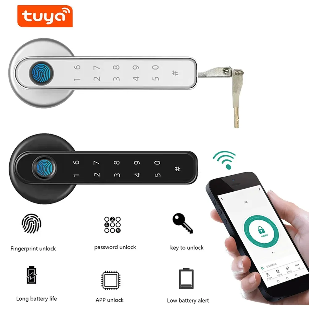 Sperren Sie Smart Door Lock Tuya Lock Biometrische Fingerabdruckschloss mit Fingerabdruck / Passwort / 2 Ersatzschlüssel / App entsperren digitale Türschlösser