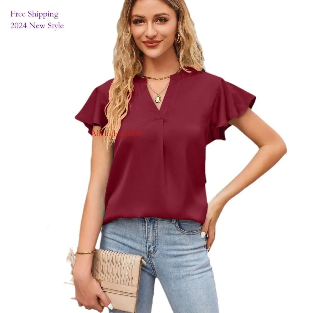 2024 NOUVEAU T-shirt d'été pour femmes Satin V Neck Ruffle Sleeves Fashion Office Work Top Vêtements