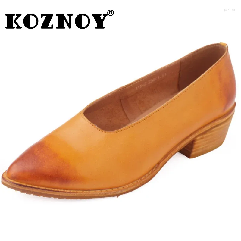 Chaussures habillées koznoy 4cm rétro vache authentique cuir en cuir toe pompes glisser sur talons gros femmes femmes britanniques mocassins de bureau d'été dames