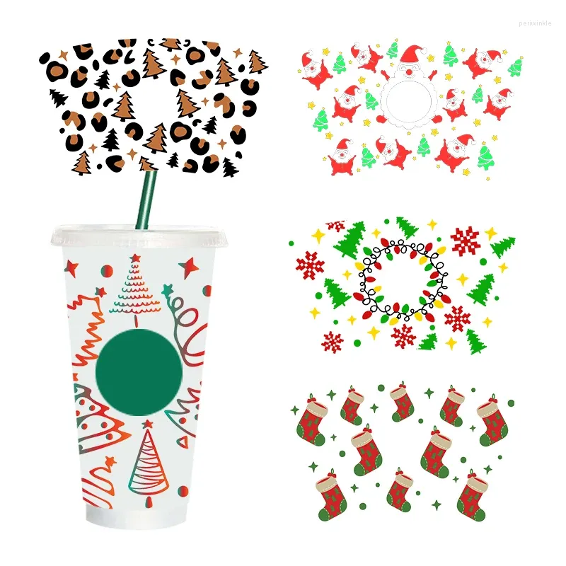 Vensterstickers UV DTF Transfer Sticker Kerstmis voor de 24oz Libbey-bril Wraps Flessen Cold Cup Can DIY Waterdichte aangepaste stickers C140-K