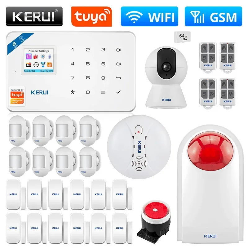 Systems Kerui W181 Alarm System WiFi GSM Tuya Smart Wirelss Home Alarm Support Alexa Motion Sensor Window Door Sensor IP Camera