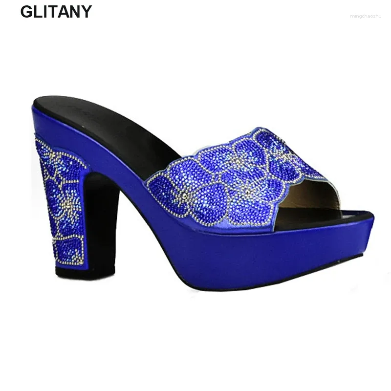 Dress Shoes Arrival Royal Blue Italian Ladies Sexy High Heels Pumps Rhinestones Latest Design African Sandal Shoe For Party