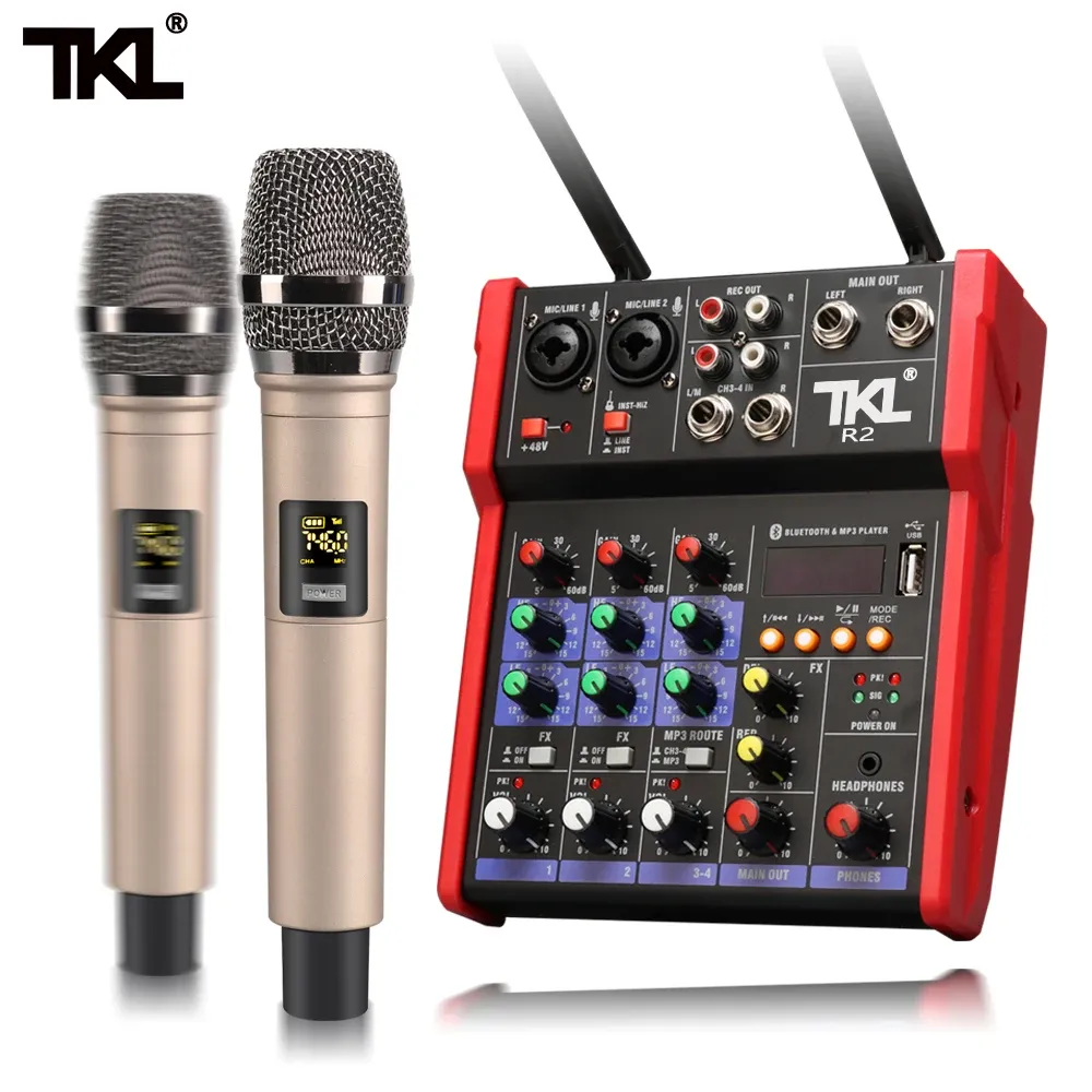 Tillbehör TKL Audio Mixer UHF Microphone Bluetooth Audio Mixer USB DJ Sound Mixing Console 4 Channel 48V Phantom Power