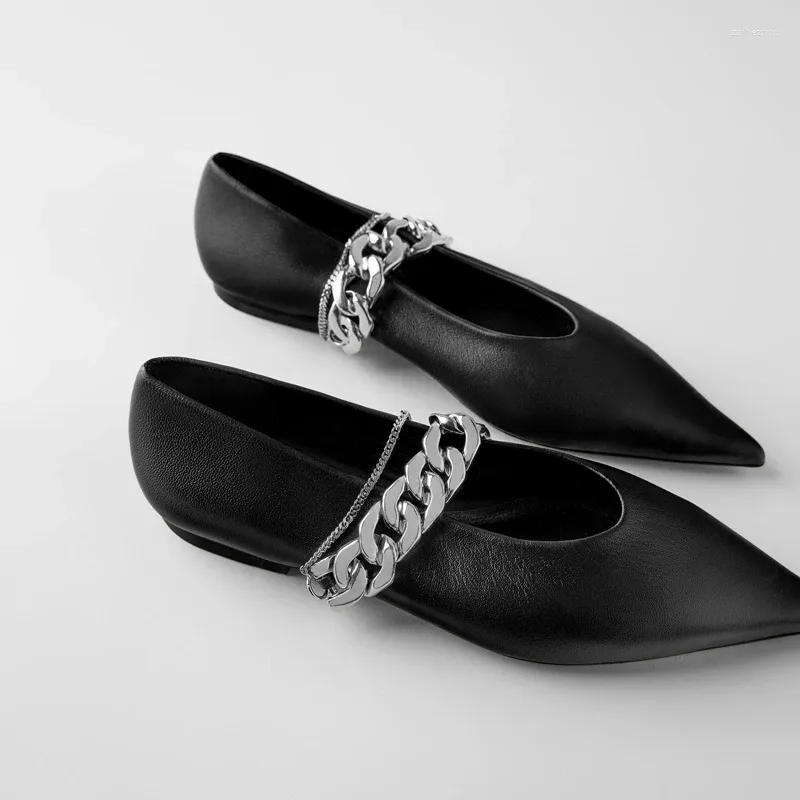 Casual Shoes 2024 Autumn Flats Women Black Genuine Leather Pointed Flat Mary Janes Ballet Single Shoe Chain Punk