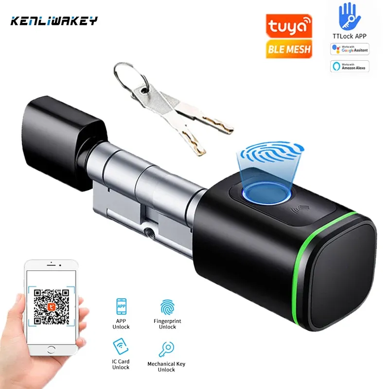 Lock Tuya BLE Cylinder Lock Biometric Fingerprint Bluetooth TTlock APP IC Card Keys Unlock Digital Keyless Smart Electronic Door Lock