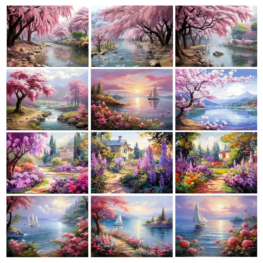 Scenic Pink Tree Diamond Målning Collection House Sailboat Full Mosaic Arts Diy Rhinestone Brodery Picture Wall Decor 240328