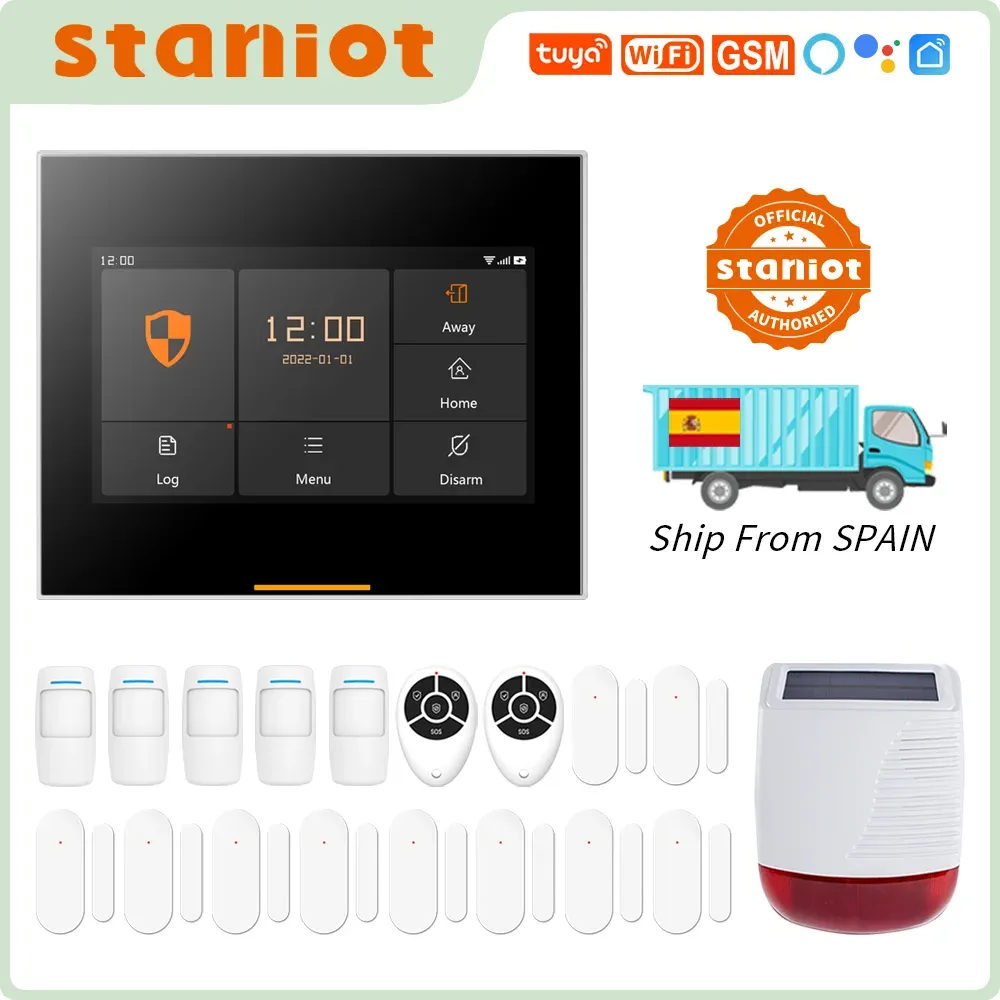 Cords Staniot Tuya Smart Wireless Gsm Wifi Home Security Alarm System with Outdoor Solar Siren Compatible with Alexa and Google Home